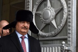 Marshal Khalifa Haftar, chief of the so-called Libyan National Army, leaves the main building of Russia's Foreign Ministry after a meeting with Russian Minister of Foreign Affairs in Moscow on November 29, 2016.      