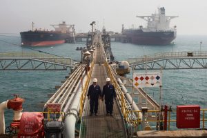 Oil tankers are anchored at Basra harbour